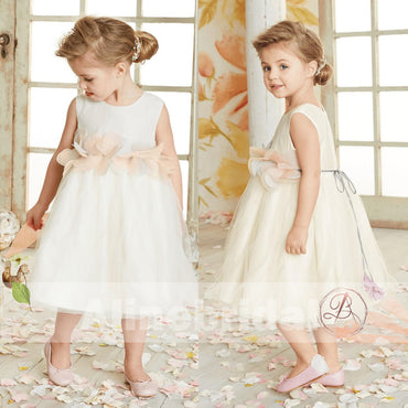 Dark Ivory Satin Tulle Sleeveless With Unique Flower Girl Dresses, FGS090