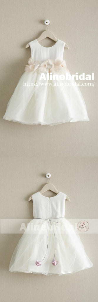Dark Ivory Satin Tulle Sleeveless With Unique Flower Girl Dresses, FGS090