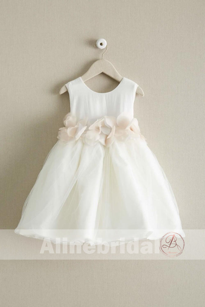 Dark Ivory Satin Tulle Sleeveless With Unique Flower Girl Dresses, FGS090