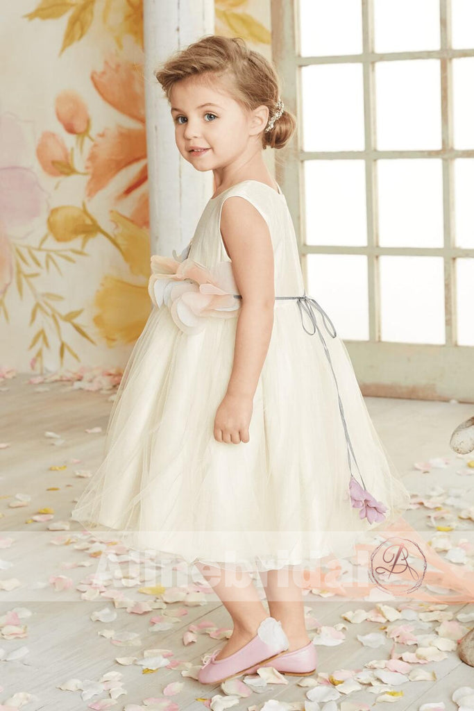 Dark Ivory Satin Tulle Sleeveless With Unique Flower Girl Dresses, FGS090