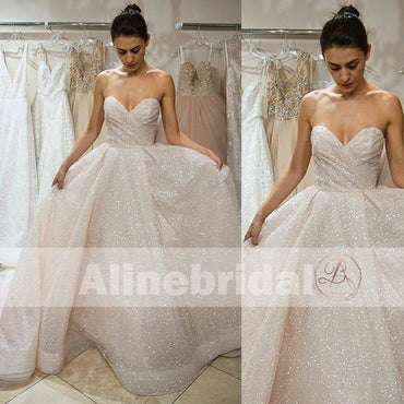 Dark Ivory Sparkly Bling Sequin Sweetheart Strapless Cheap Wedding Dresses, AB1149