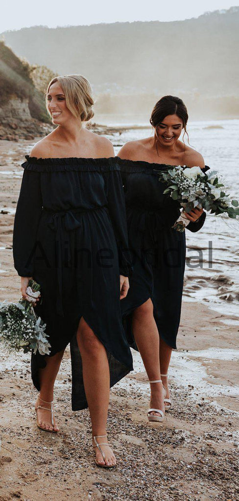 Dark Navy Off Shoulder Long Sleeve High Low Knee Length Bridesmaid Dresses, AB4105