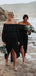Dark Navy Off Shoulder Long Sleeve High Low Knee Length Bridesmaid Dresses, AB4105