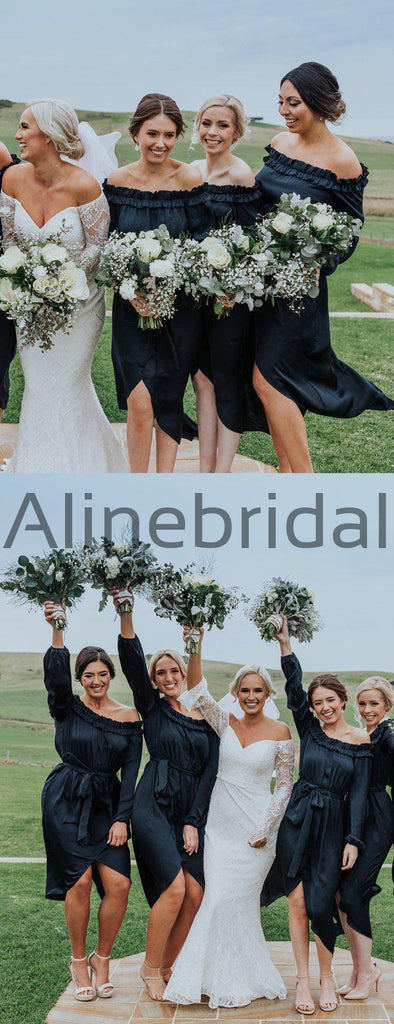 Dark Navy Off Shoulder Long Sleeve High Low Knee Length Bridesmaid Dresses, AB4105