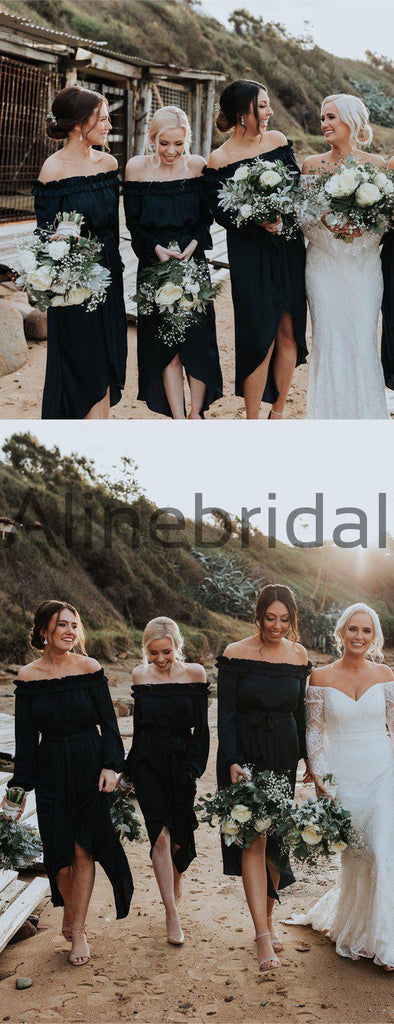 Dark Navy Off Shoulder Long Sleeve High Low Knee Length Bridesmaid Dresses, AB4105