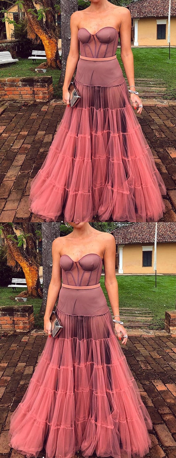 Dark Peach Tulle Sweetheart Strapless Illusion Prom Dresses