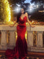 Dark Red Lace Applique Jersey Spaghetti Strap Mermaid Prom Dresses.PD00217