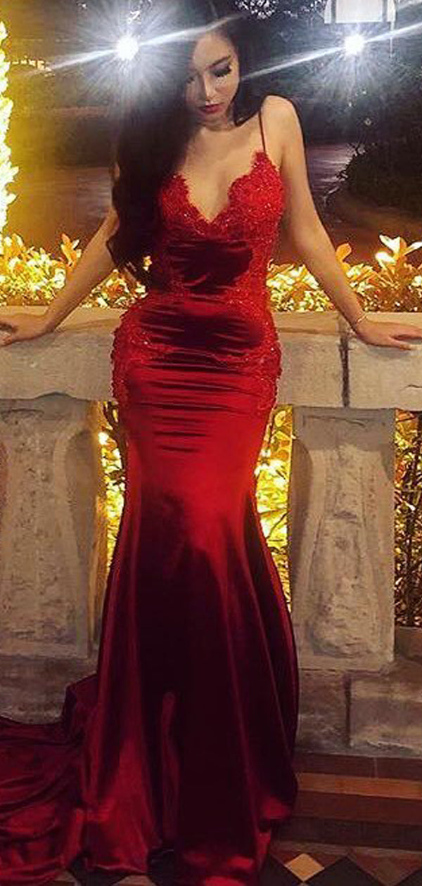 Dark Red Lace Applique Jersey Spaghetti Strap Mermaid Prom Dresses.PD0 AlineBridal Dark Red Lace Applique Jersey Spaghetti Strap Mermaid Prom Dresses.PD0 AlineBridal