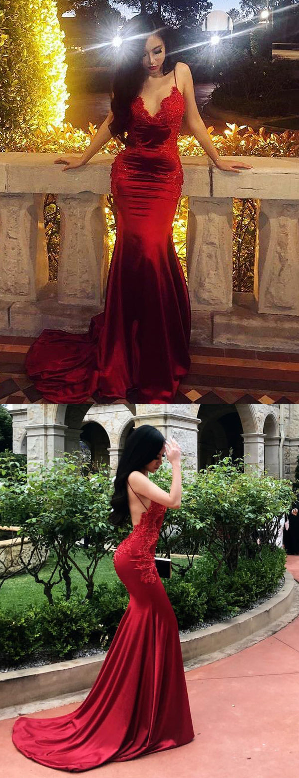 Dark Red Lace Applique Jersey Spaghetti Strap Mermaid Prom Dresses.PD0 AlineBridal Dark Red Lace Applique Jersey Spaghetti Strap Mermaid Prom Dresses.PD0 AlineBridal