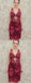 Dark Red Lace Beading Sheath V-neck Sleeveless Homecoming Dresses,HD0048