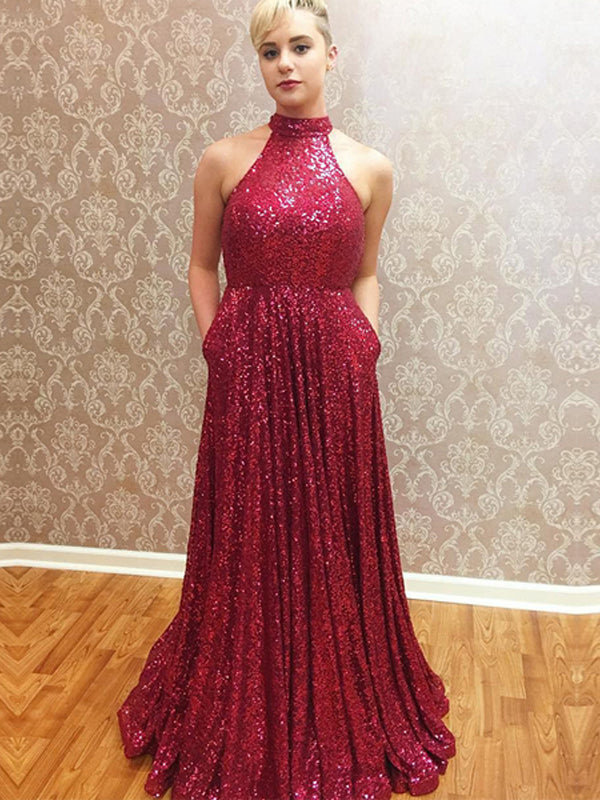 Dark Red Sequin Halter A-line Pockets Simple  Long Prom Dresses,PD00054