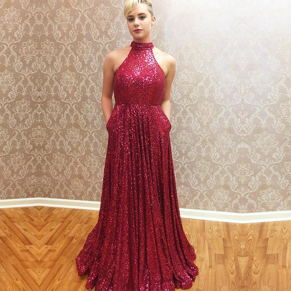 Dark Red Sequin Halter A-line Pockets Simple Long Prom Dresses,PD00054 AlineBridal Dark Red Sequin Halter A-line Pockets Simple Long Prom Dresses,PD00054 AlineBridal