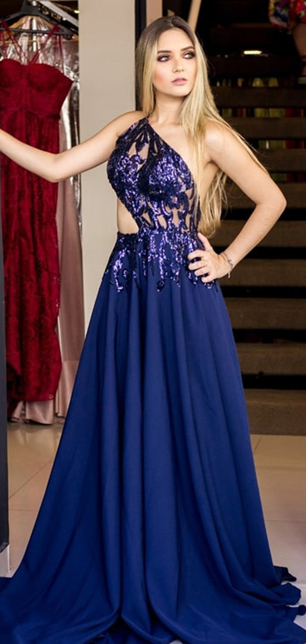 Dark Royal Blue Chiffon Shiny Applique Backless One Shoulder Prom