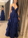 Dark Royal Blue Spaghetti Strap Tiered High Waist Prom Dresses,PD00379