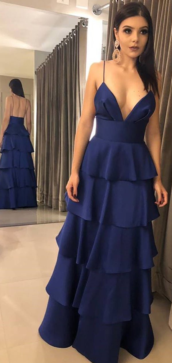 Dark Royal Blue Spaghetti Strap Tiered High Waist Prom Dresses PD00379 AlineBridal