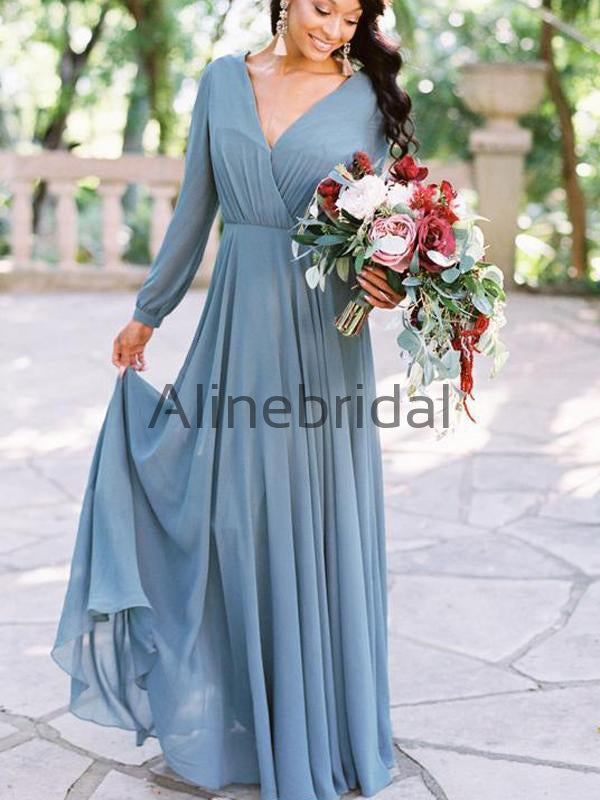 Dusty Blue Chiffon Long Sleeve A-line Bridesmaid Dresses , AB4057 AlineBridal Dusty Blue Chiffon Long Sleeve A-line Bridesmaid Dresses , AB4057 AlineBridal