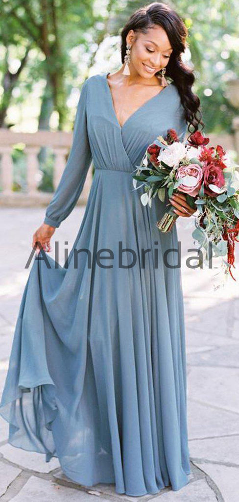 Dusty Blue Chiffon Long Sleeve A-line Bridesmaid Dresses , AB4057