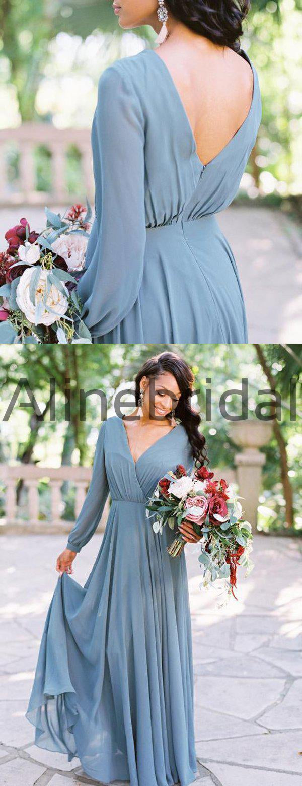 Dusty Blue Chiffon Long Sleeve A-line Bridesmaid Dresses , AB4057 AlineBridal Dusty Blue Chiffon Long Sleeve A-line Bridesmaid Dresses , AB4057 AlineBridal