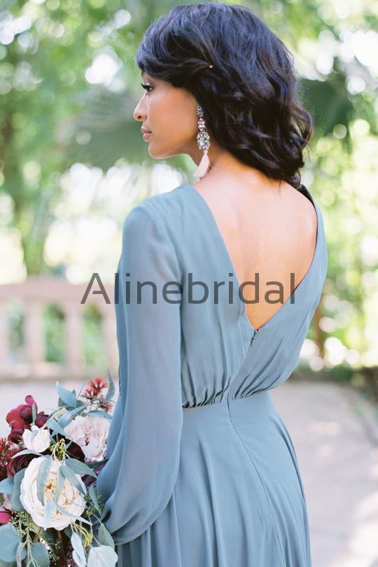 Dusty Blue Chiffon Long Sleeve A-line Bridesmaid Dresses , AB4057
