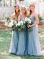 Dusty Blue Tulle Convertible A-line Long Bridesmaid Dresses, AB4050