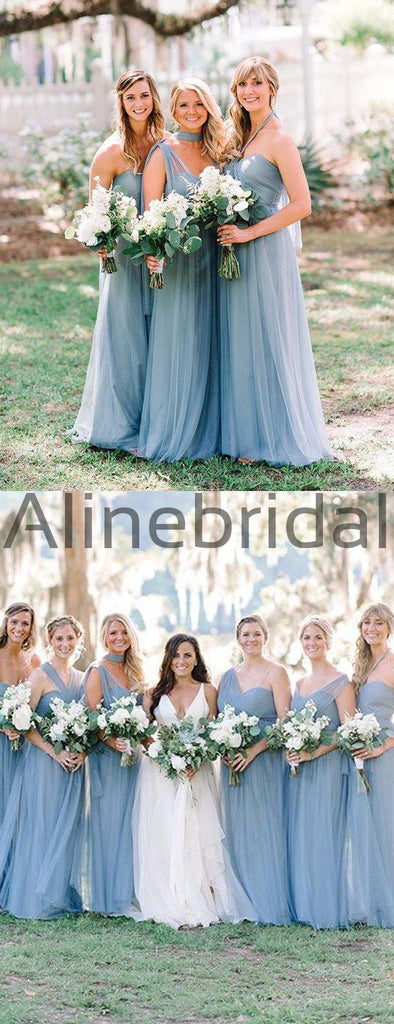 Dusty Blue Tulle Convertible A-line Long Bridesmaid Dresses, AB4050