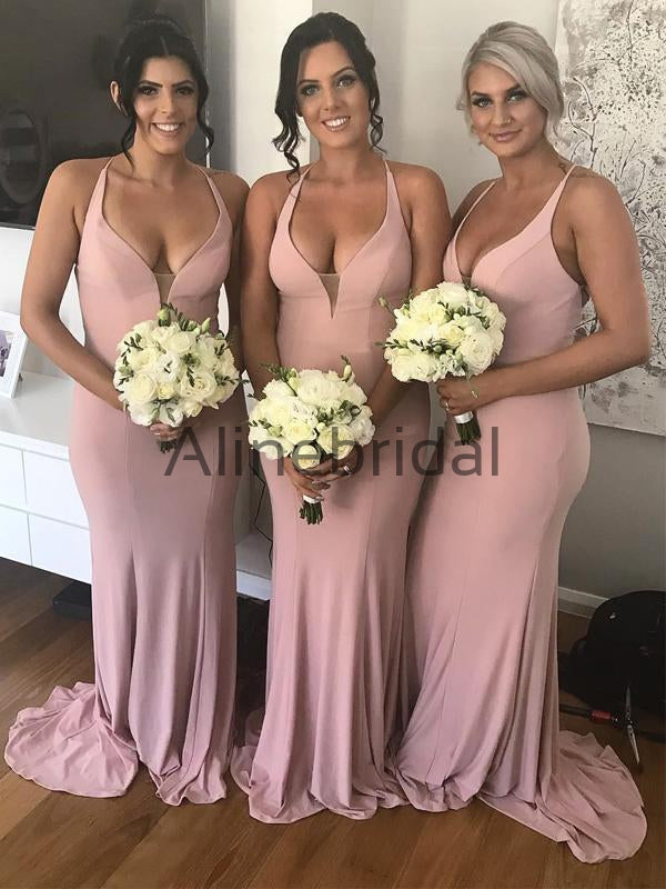 strapless open back dress Pink Mermaid V Neck Satin Long Bridesmaid Dress