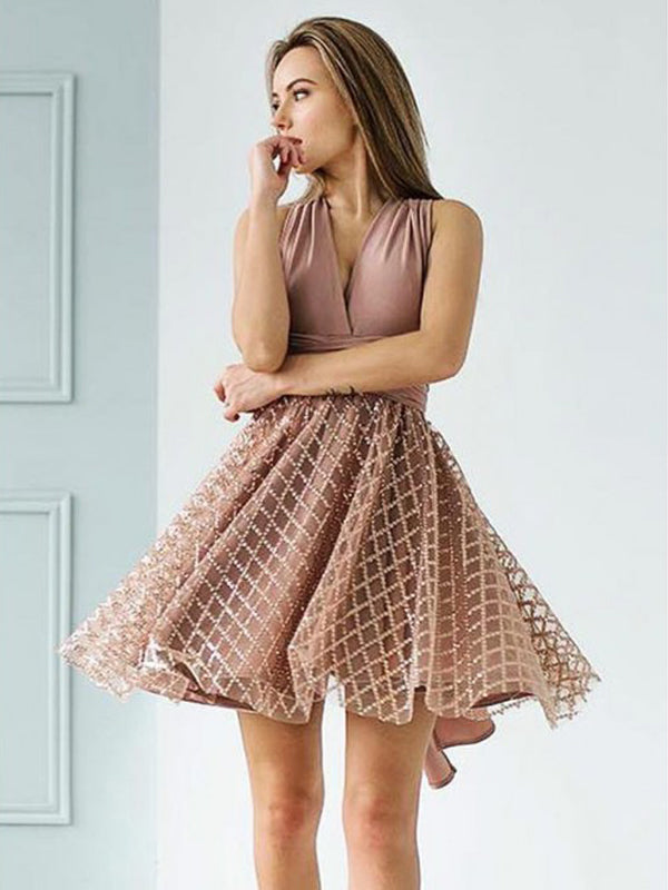Dusty Pink Jersey Convertible Top Sequined Plaid Skirt Homecoming Dresses,HD0053