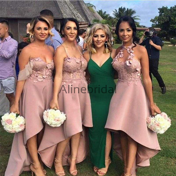 Dusty Pink Lace Mismatched High Low Fashion Bridesmaid Dresses