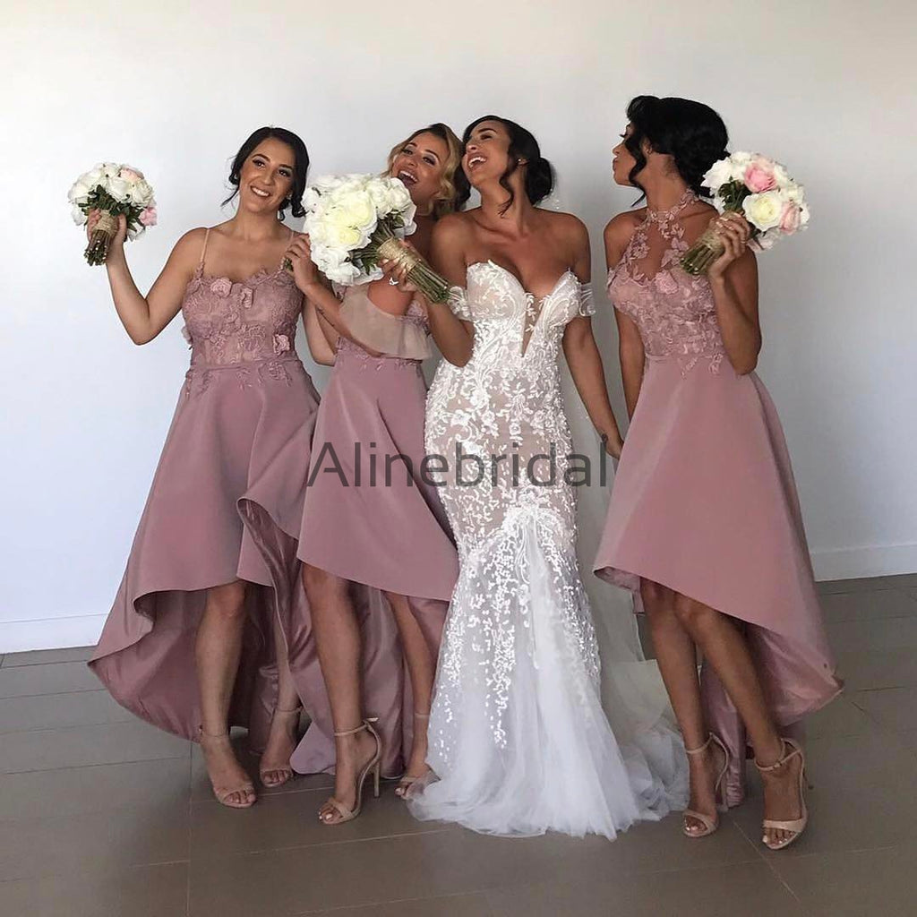 Dusty Pink Lace Mismatched High Low Fashion Bridesmaid Dresses