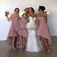 Dusty Pink Lace Mismatched High Low Fashion Bridesmaid Dresses, AB4035