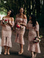 Dusty Pink Lace Off Shoulder Sheath Tea Length Bridesmaid Dresses , AB4123