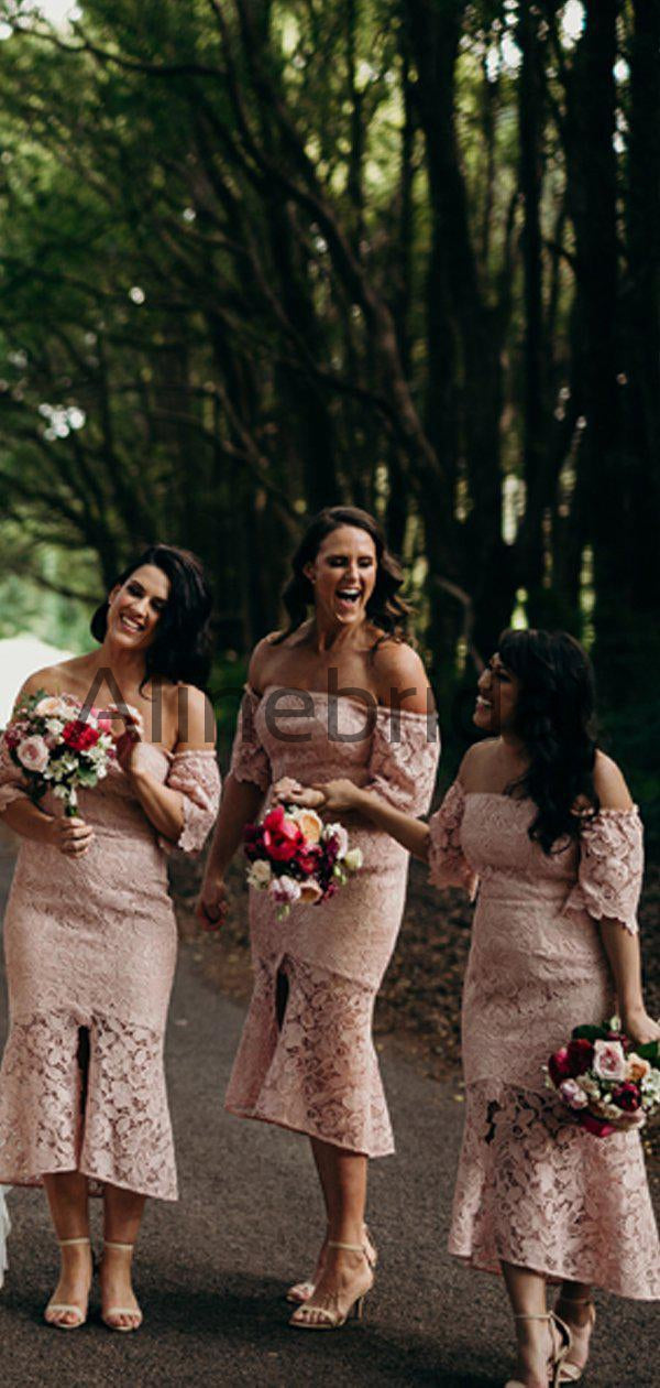Dusty Pink Lace Off Shoulder Sheath Tea Length Bridesmaid Dresses , AB AlineBridal Dusty Pink Lace Off Shoulder Sheath Tea Length Bridesmaid Dresses , AB AlineBridal