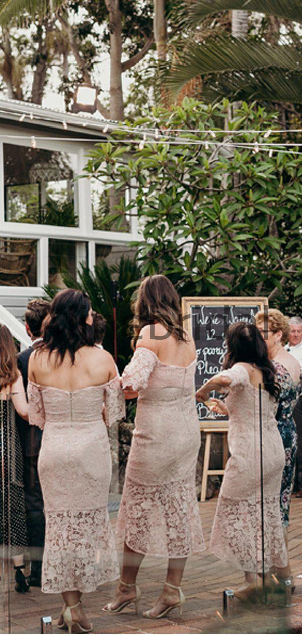 Dusty Pink Lace Off Shoulder Sheath Tea Length Bridesmaid Dresses , AB – AlineBridal