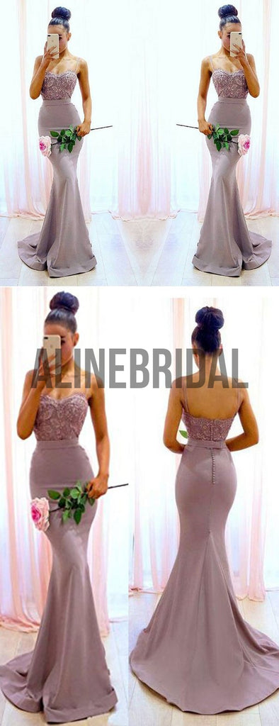 Dusty Pink Lace Spaghetti Strap Mermaid Bridesmaid Dresses, AB4019
