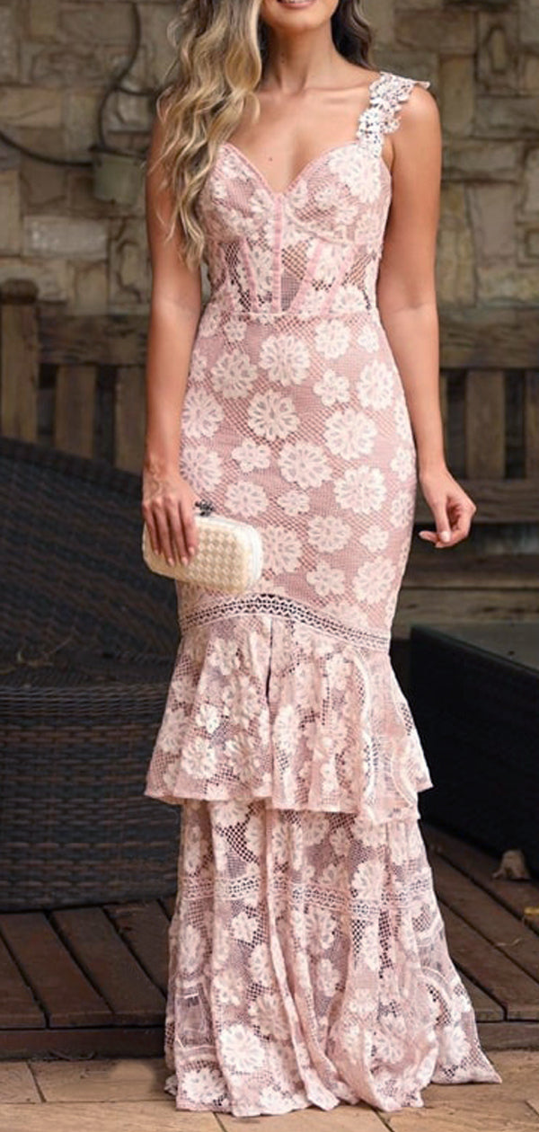 Dusty Pink Lace Tiered Mermaid Boho Long Prom Dresses.PD00273 – AlineBridal
