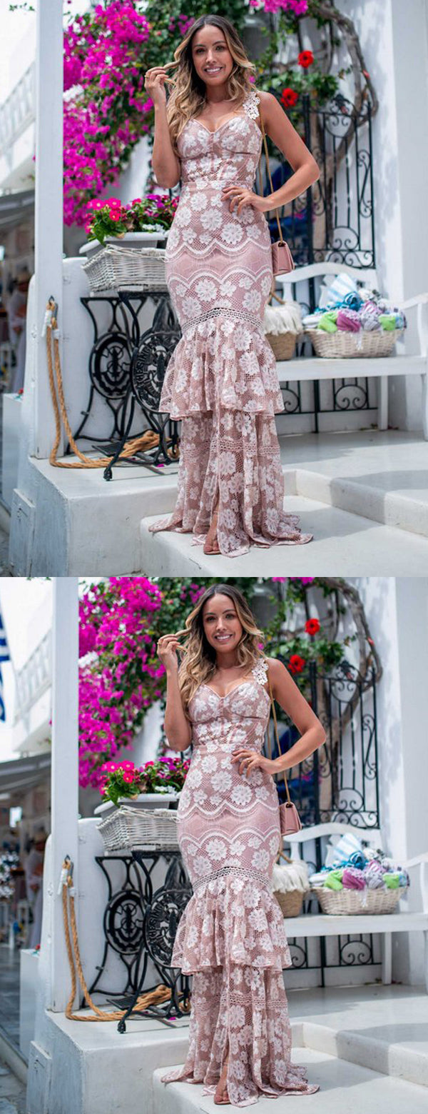 Dusty Pink Lace Tiered Mermaid Boho Long Prom Dresses.PD00273 – AlineBridal Dusty Pink Lace Tiered Mermaid Boho Long Prom Dresses.PD00273 – AlineBridal