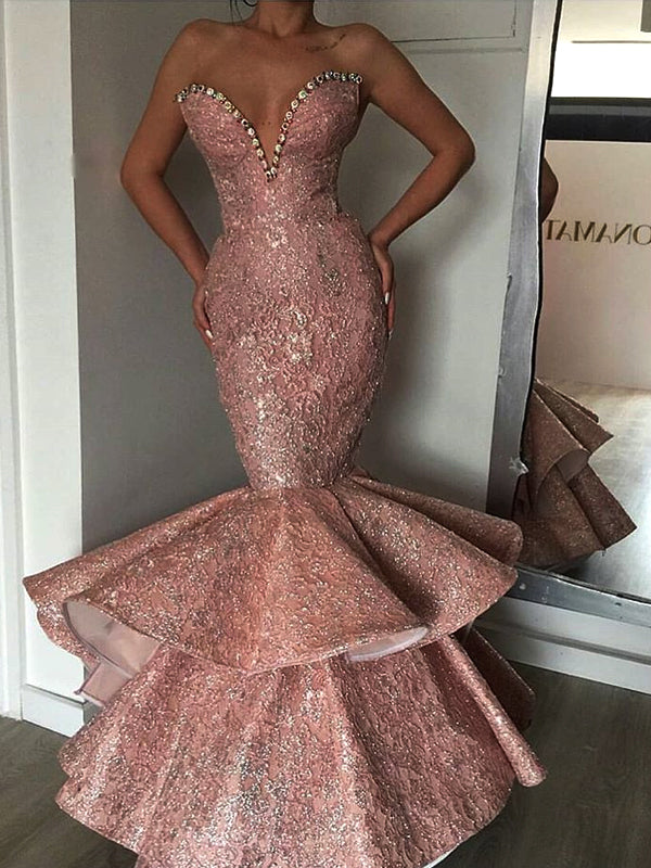 Dusty Pink Satin Shiny Lace Strapless Mermaid Prom Dresses,PD00185 AlineBridal Dusty Pink Satin Shiny Lace Strapless Mermaid Prom Dresses,PD00185 AlineBridal
