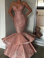 Dusty Pink Satin Shiny Lace Strapless Mermaid Prom Dresses,PD00185