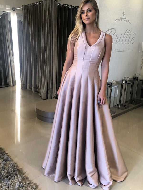 Dusty Pink Sleeveless A-line Satin Simple Prom Dresses.PD00252