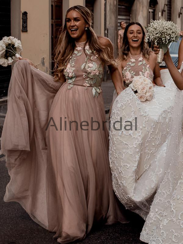 Dusty Pink Tulle Mint Applique Spaghetti Strap Backless Bridesmaid Dre AlineBridal Dusty Pink Tulle Mint Applique Spaghetti Strap Backless Bridesmaid Dre AlineBridal