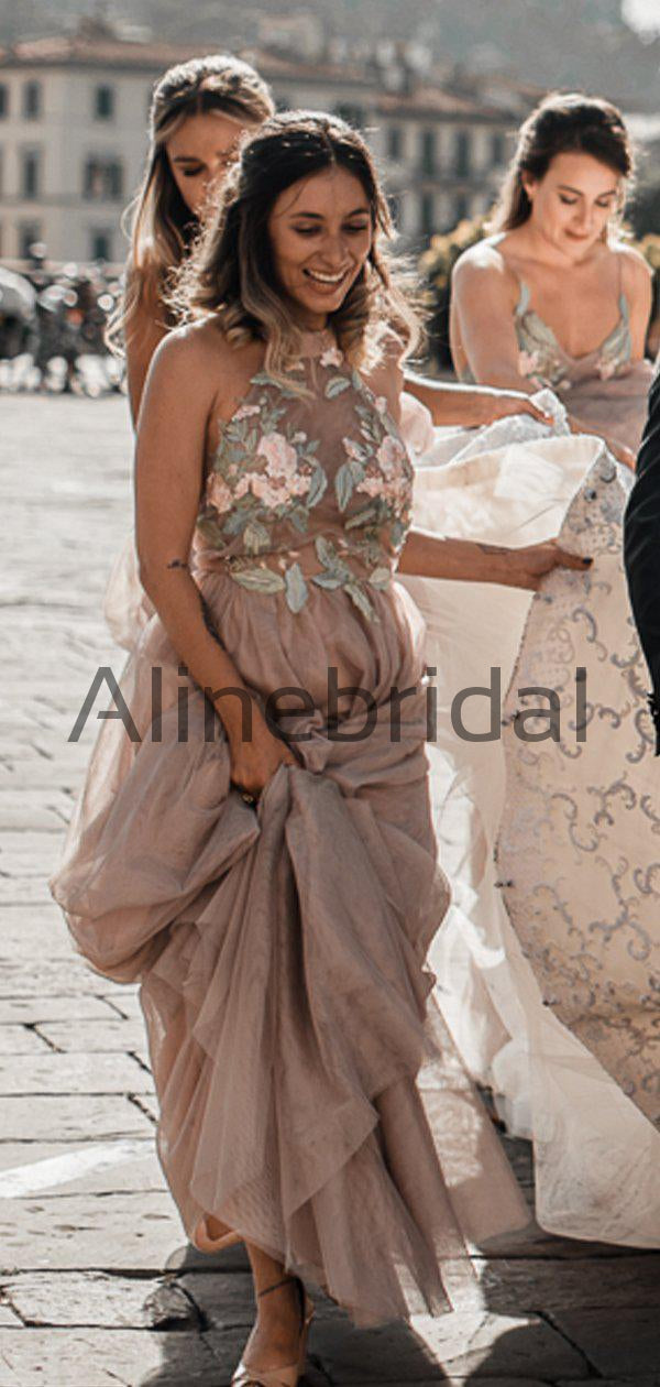 Dusty Pink Tulle Mint Applique Spaghetti Strap Backless Bridesmaid Dre AlineBridal Dusty Pink Tulle Mint Applique Spaghetti Strap Backless Bridesmaid Dre AlineBridal