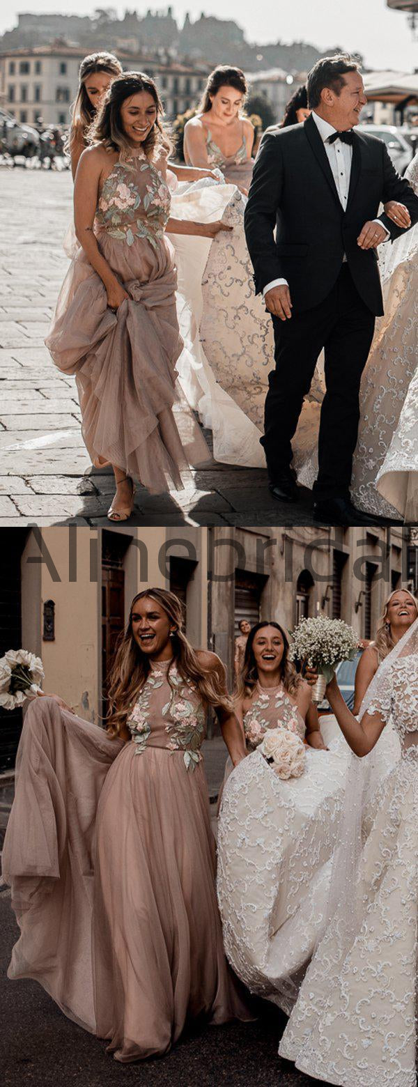 Dusty Pink Tulle Mint Applique Spaghetti Strap Backless Bridesmaid Dre –  AlineBridal