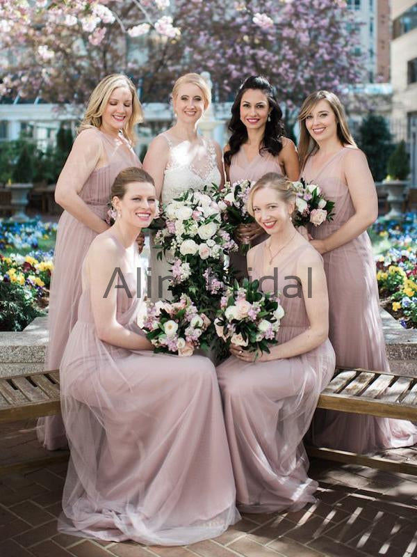 Dusty Pink Tulle V-neck Sweetheart Neckline Long Bridesmaid Dresses, AB4112