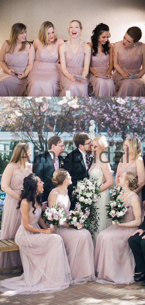 Dusty Pink Tulle V-neck Sweetheart Neckline Long Bridesmaid Dresses, AB4112
