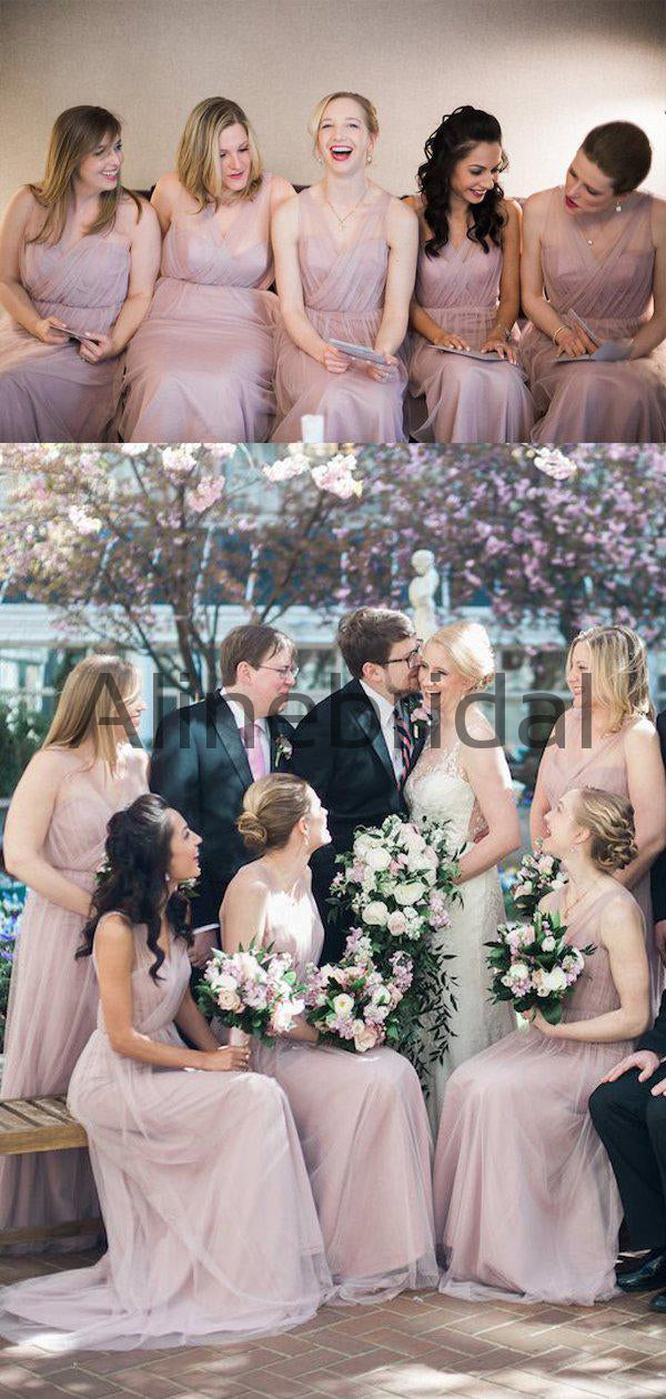 Dusty Pink Tulle V neck Sweetheart Neckline Long Bridesmaid