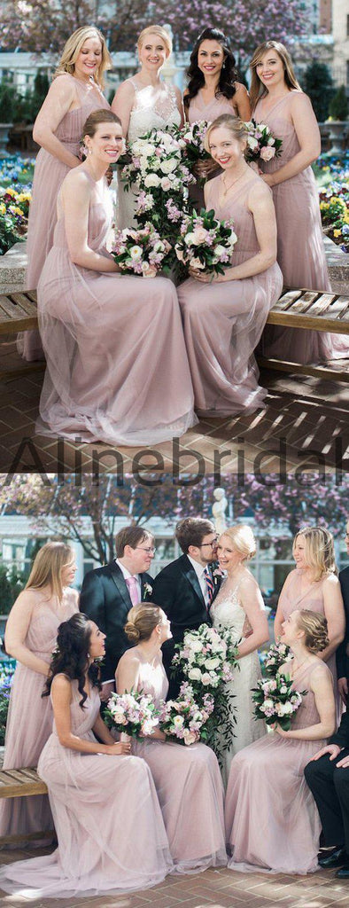 Dusty Pink Tulle V-neck Sweetheart Neckline Long Bridesmaid Dresses, AB4112