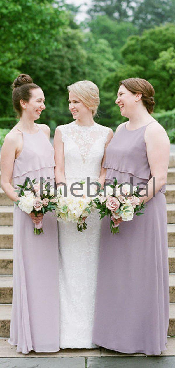 Dusty Purple Chiffon Spaghetti Strap A line Long Bridesmaid Dresses A AlineBridal