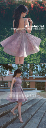 Dusty Purple Organza Lace With Beads Backless Homecoming Dresses, HD0002