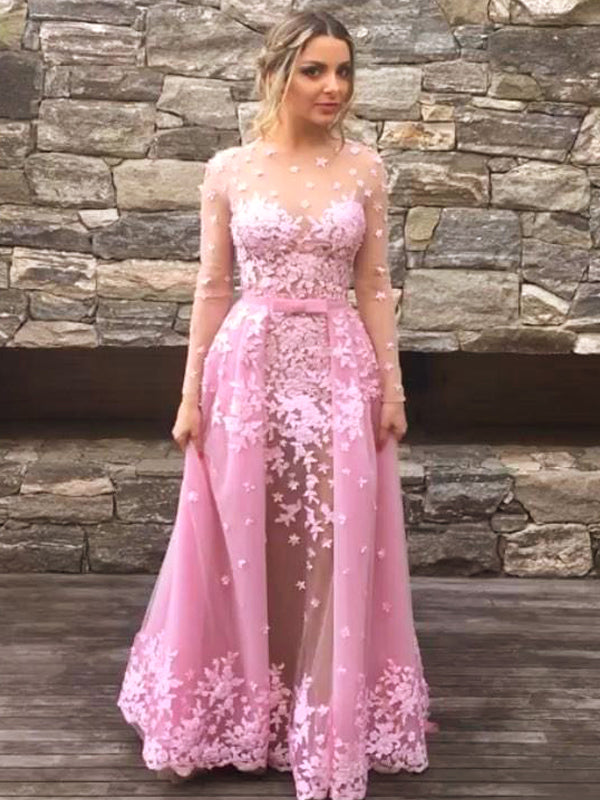 Dusty Rose Appliques Detachable Over skirt Illusion Prom Dresses PD00127