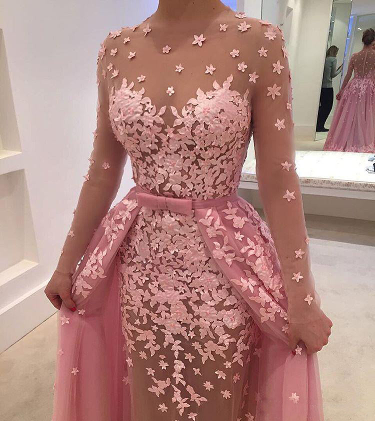 Dusty Rose Appliques Detachable Over-skirt Illusion Prom Dresses ,PD00127